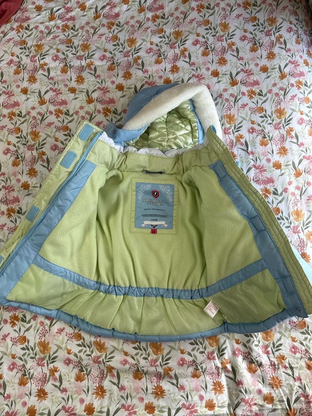 Protection System 2T Winter Coat Blue Green and White Pastel Hooded Embroidered